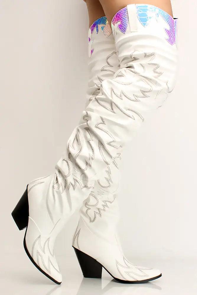 White Printed Thigh High Chunky Boots - AMIClubwear