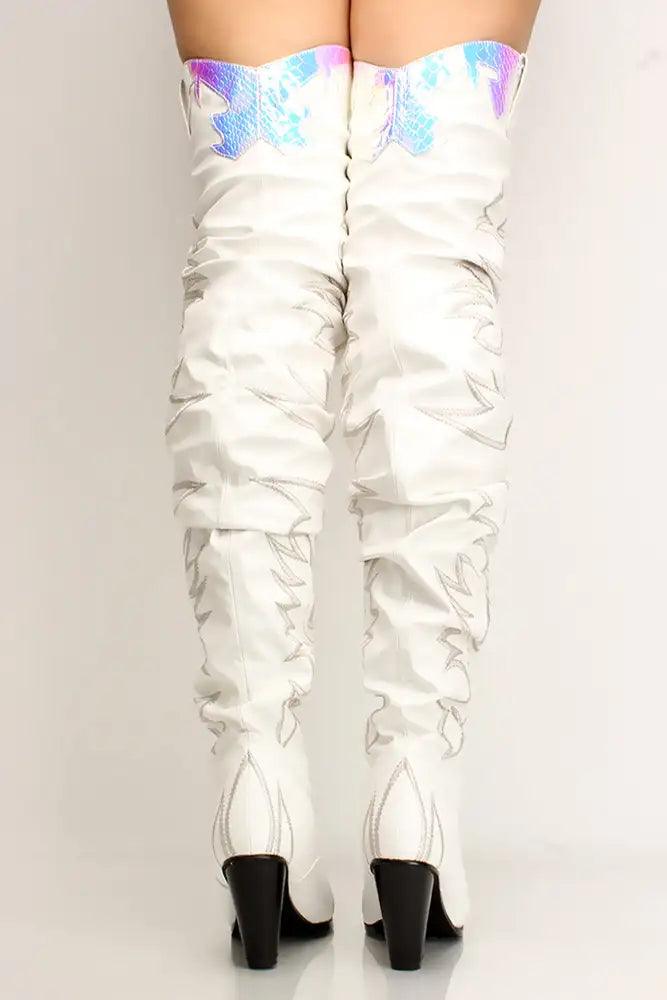 White Printed Thigh High Chunky Boots - AMIClubwear