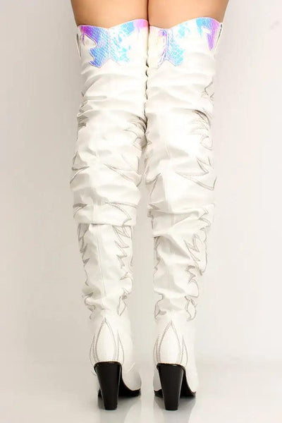 White Printed Thigh High Chunky Boots - AMIClubwear