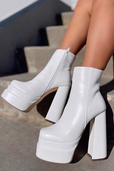 White PU Chunky Heel Platform Ankle Booties - AMIClubwear