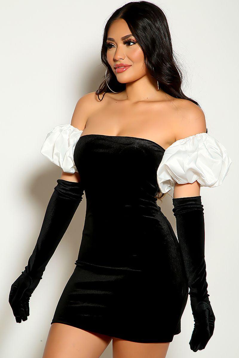 White Puff Sleeve Strapless Velvet  Long Gloves Sexy Party Dress - AMIClubwear