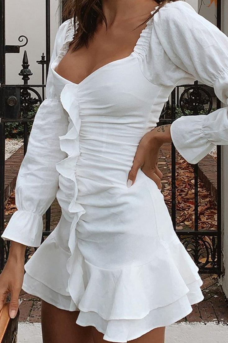White Puffy Sleeve Long Sleeve Sexy Party Dress - AMIClubwear