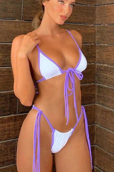 White Purple Strappy wrap Around Cheeky Sexy Two Piece Swimsuit - AMIClubwear