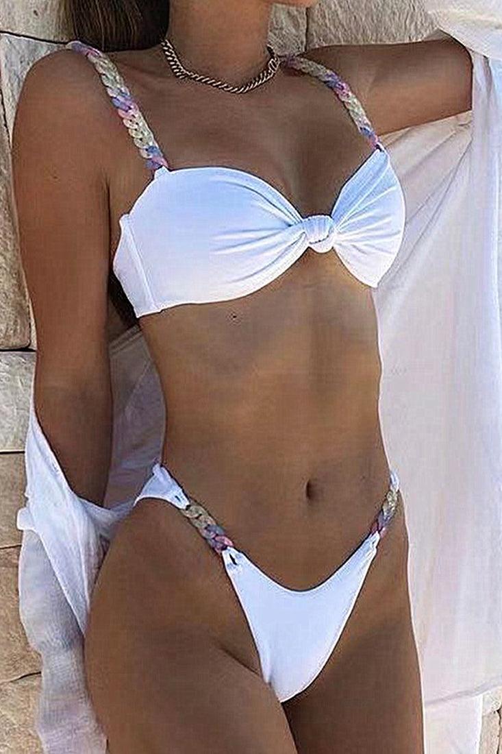 White Rainbow Chain Straps Knotted Two Piece Swimsuit - AMIClubwear