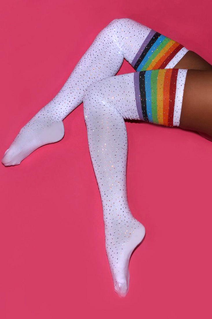 White Rainbow Striped Rhinestone Thigh High Socks - AMIClubwear