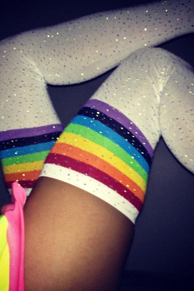 White Rainbow Striped Rhinestone Thigh High Socks - AMIClubwear