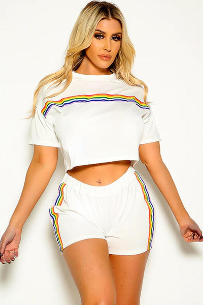 White Rainbow Striped Short Sleeve Crop Top & Shorts Set - AMIClubwear