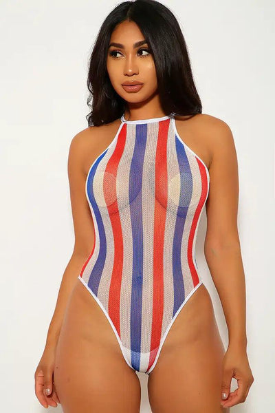 White Red Blue Striped One Piece Monokini - AMIClubwear