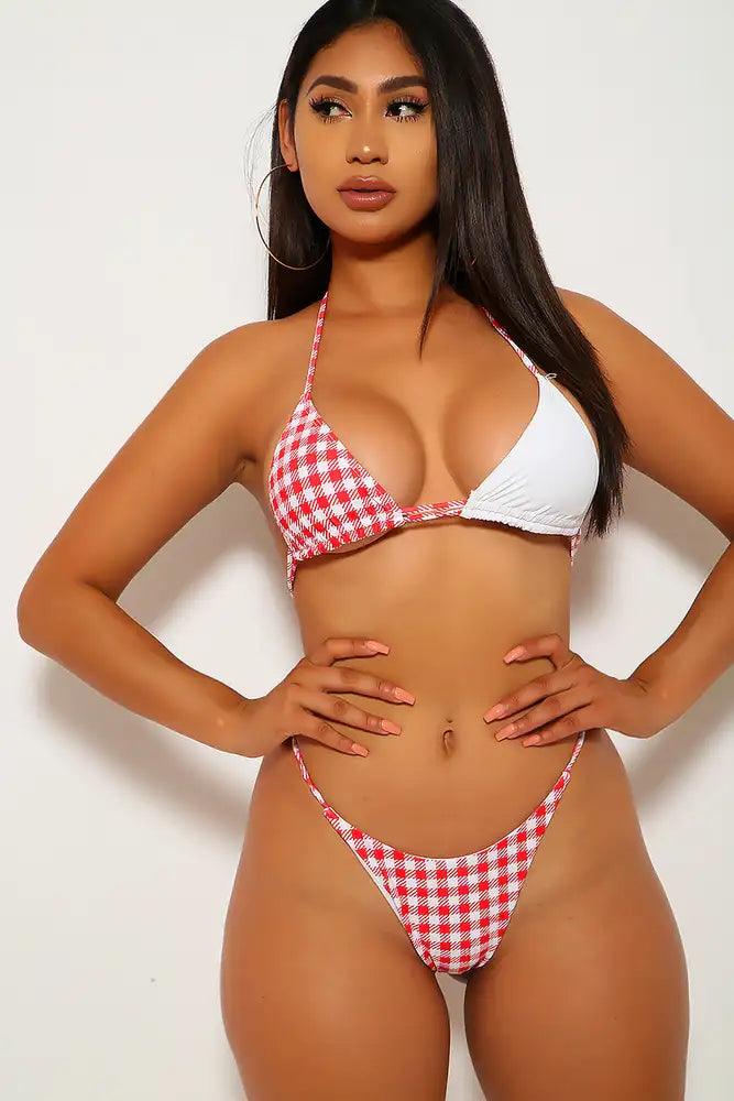 White Red Checkered Print Two Piece Swimsuit - AMIClubwear
