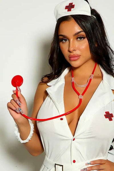 White Red Collared Button Up 4 Piece Nurse Costume - AMIClubwear