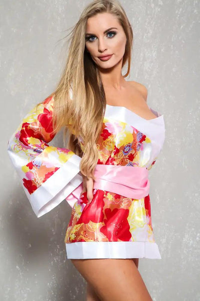White Red Floral Print Sexy Geisha 3 Piece Costume - AMIClubwear