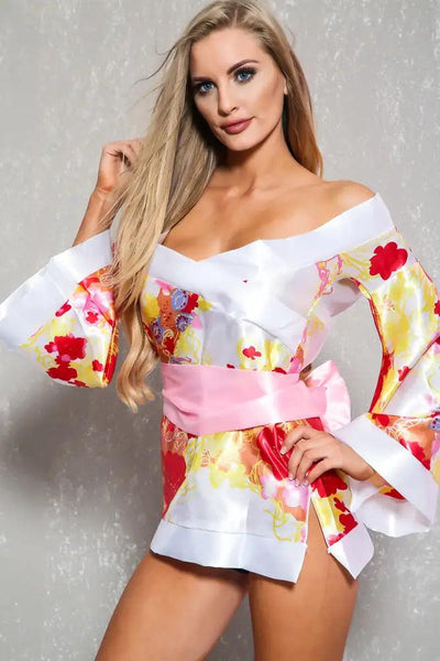 White Red Floral Print Sexy Geisha 3 Piece Costume - AMIClubwear