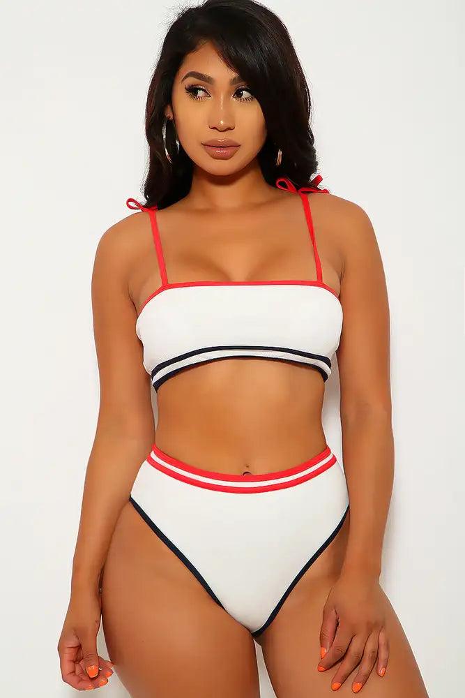 White Red Navy Ribbed High Waist Two Piece Swimsuit - AMIClubwear