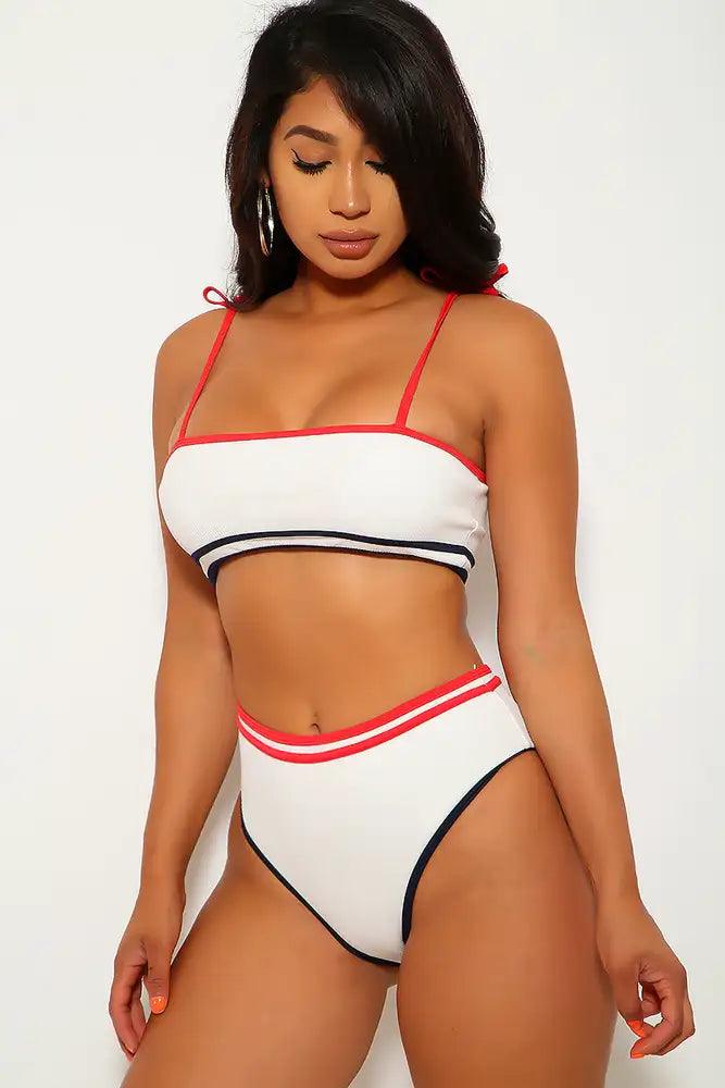 White Red Navy Ribbed High Waist Two Piece Swimsuit - AMIClubwear