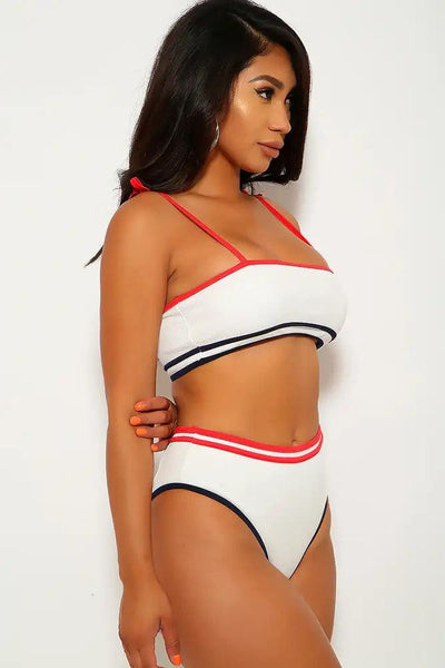 White Red Navy Ribbed High Waist Two Piece Swimsuit - AMIClubwear