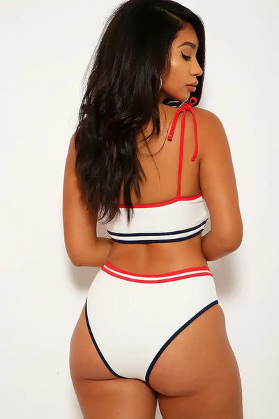 White Red Navy Ribbed High Waist Two Piece Swimsuit - AMIClubwear