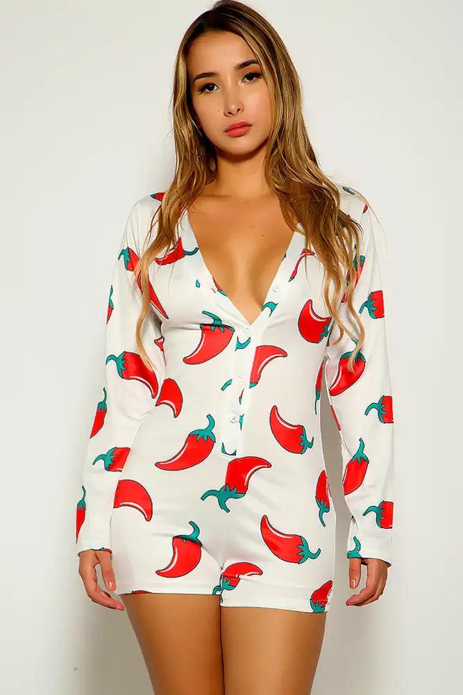 White Red Pepper Print Button Up Romper - AMIClubwear