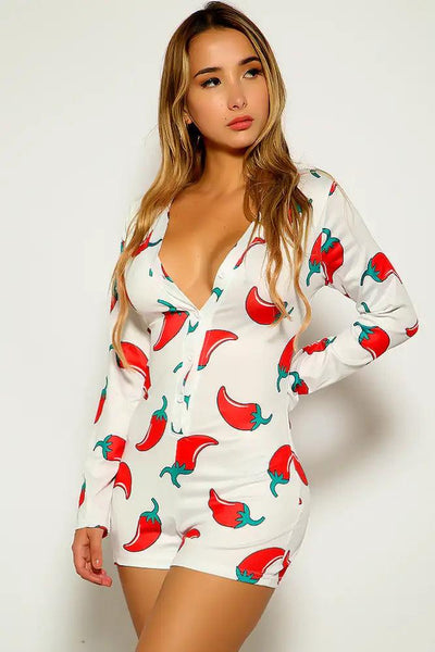 White Red Pepper Print Button Up Romper - AMIClubwear