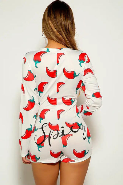 White Red Pepper Print Button Up Romper - AMIClubwear