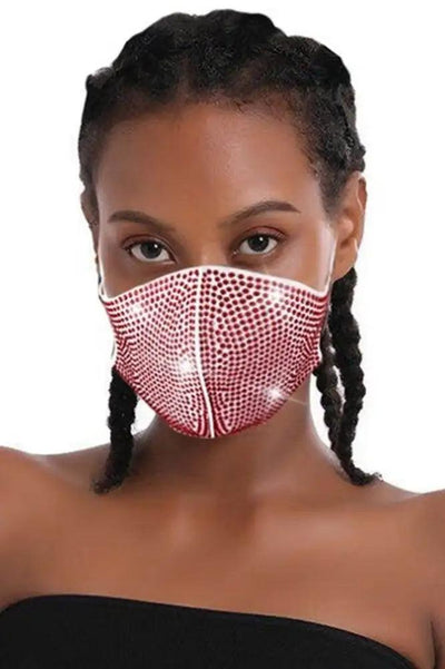 White Red Rhinestone Accent Face Mask - AMIClubwear