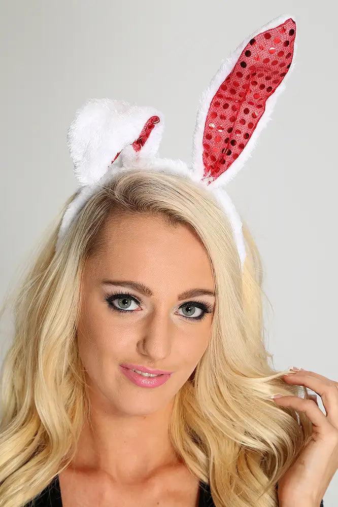White Red Sequin Faux Fur Bunny Ears - AMIClubwear
