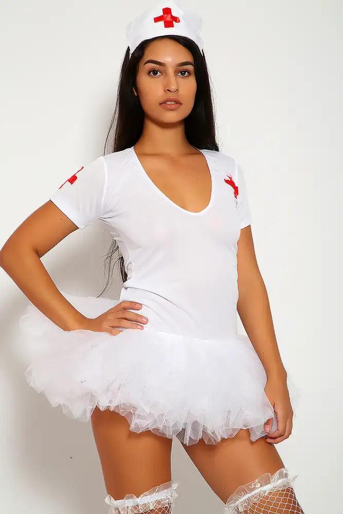 White Red Sexy 3Pc. Dress Uniform Nurse Costume - AMIClubwear