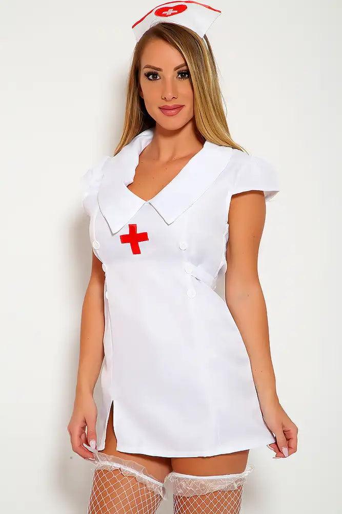 White Red Sexy Collar Dress Uniform Nurse Costume - AMIClubwear