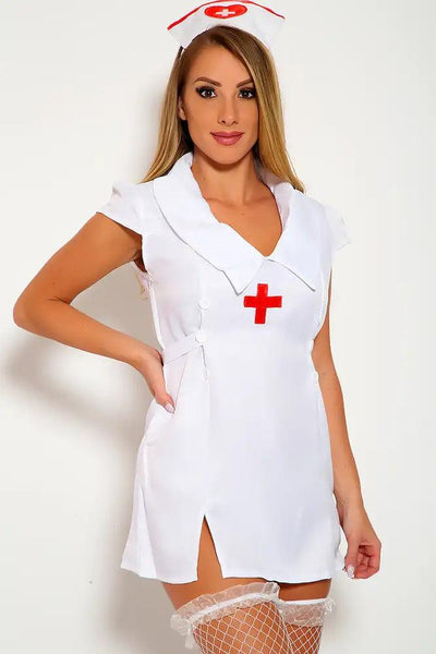 White Red Sexy Collar Dress Uniform Nurse Costume - AMIClubwear