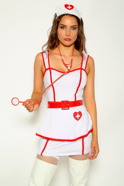 White Red Sexy Nurse Sleeveless 4 Pc Costume - AMIClubwear