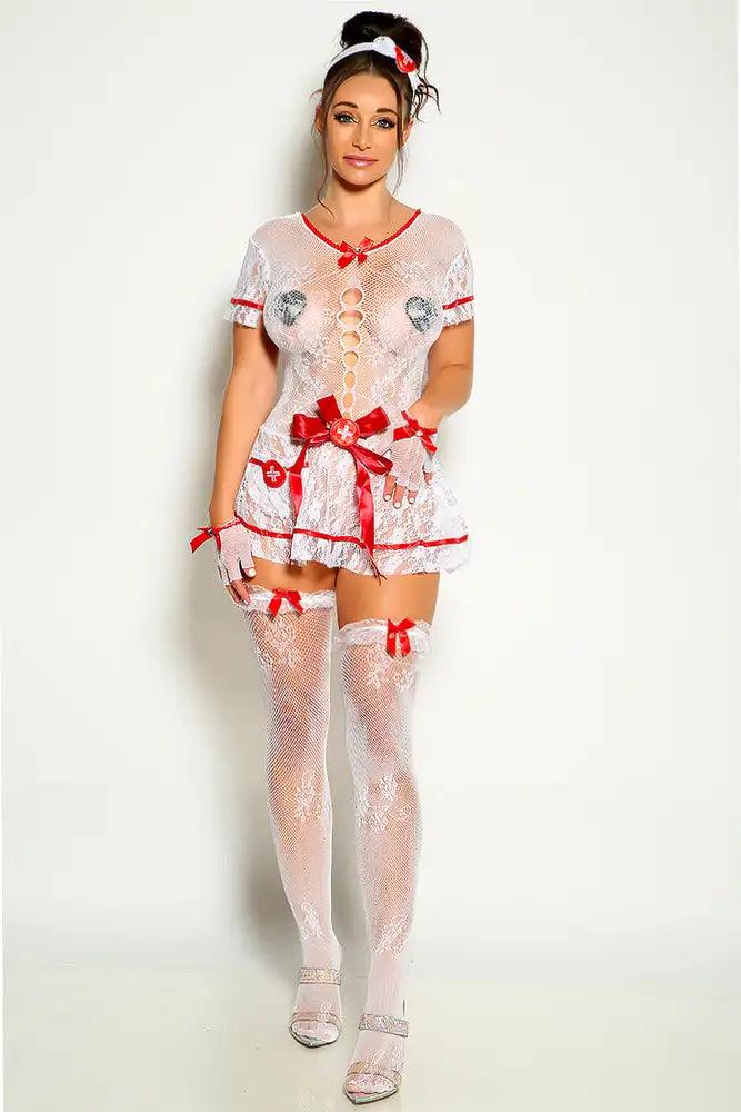 White Red Short Sleeve Netted Lace Nurse 5 Piece Costume - AMIClubwear