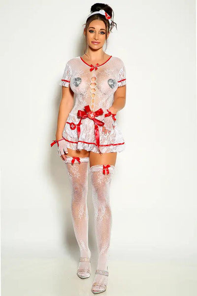 White Red Short Sleeve Netted Lace Nurse 5 Piece Costume - AMIClubwear