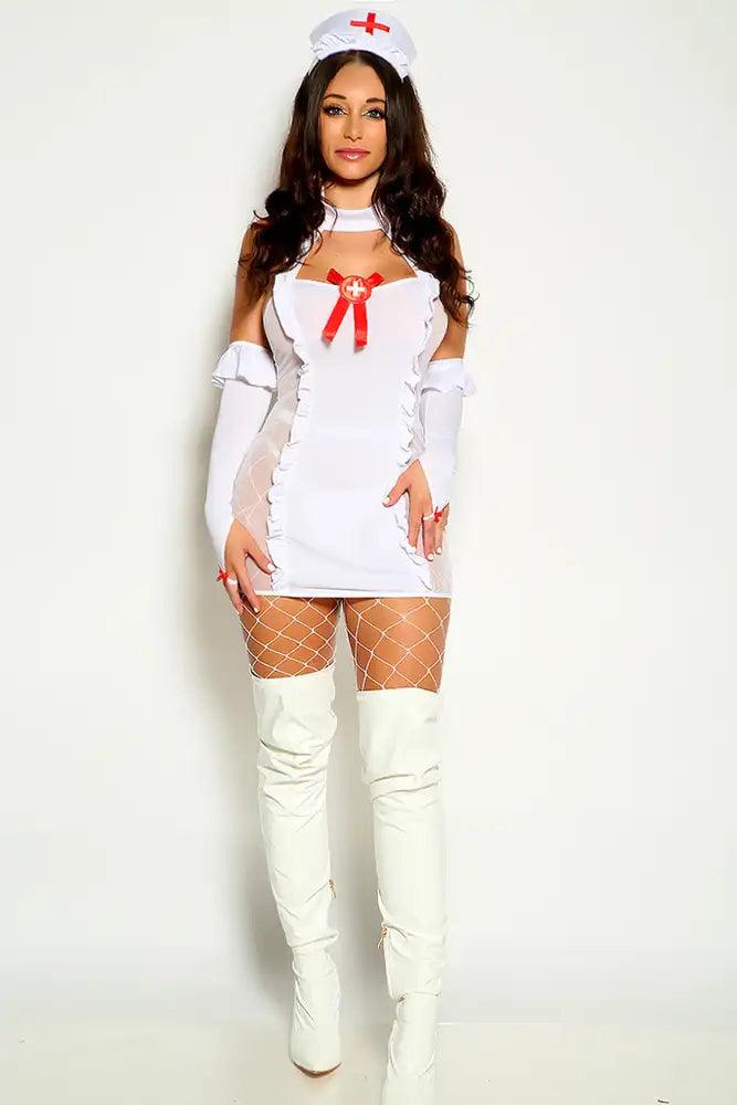 White Red Short Sleeve Sexy Two Piece Nurse Costume - AMIClubwear