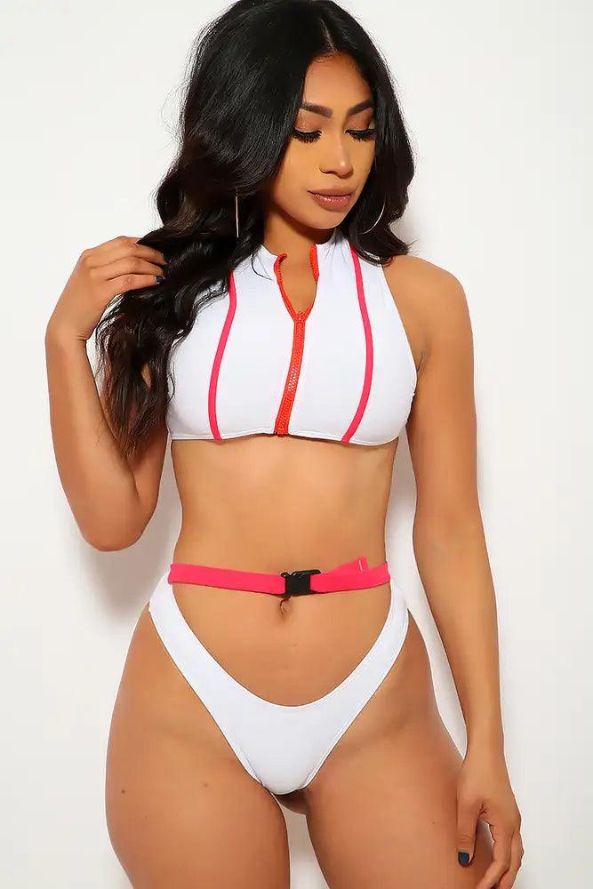 White Red Strappy Buckle Two Piece Swimsuit - AMIClubwear