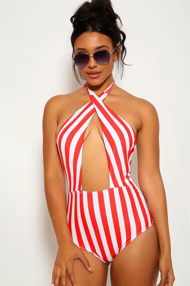 White Red Striped Plunging Neckline One Piece Swimsuit - AMIClubwear