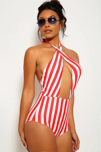 White Red Striped Plunging Neckline One Piece Swimsuit - AMIClubwear
