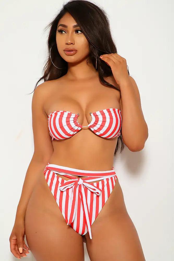 White Red Striped Two Piece Swimsuit - AMIClubwear