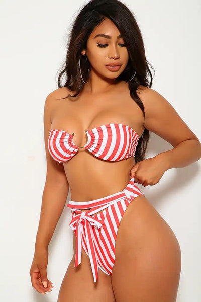 White Red Striped Two Piece Swimsuit - AMIClubwear