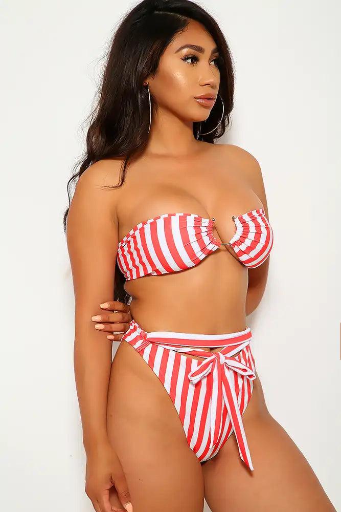 White Red Striped Two Piece Swimsuit - AMIClubwear