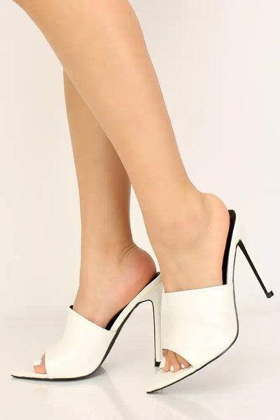 White Reptile Print Faux Leather Slip On Heels - AMIClubwear
