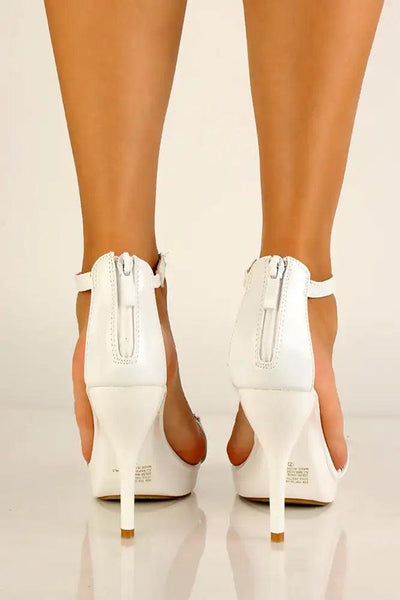 White Rhinestone Accent Faux Leather Heels - AMIClubwear