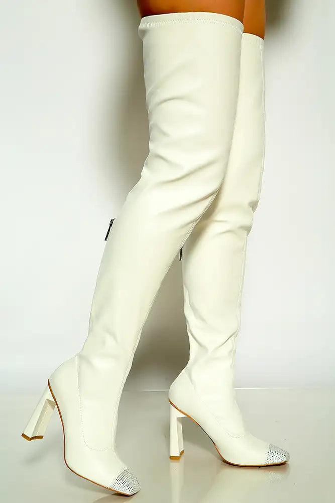 White Rhinestone Closed Toe Thigh High Heels Boots Faux Leather - AMIClubwear
