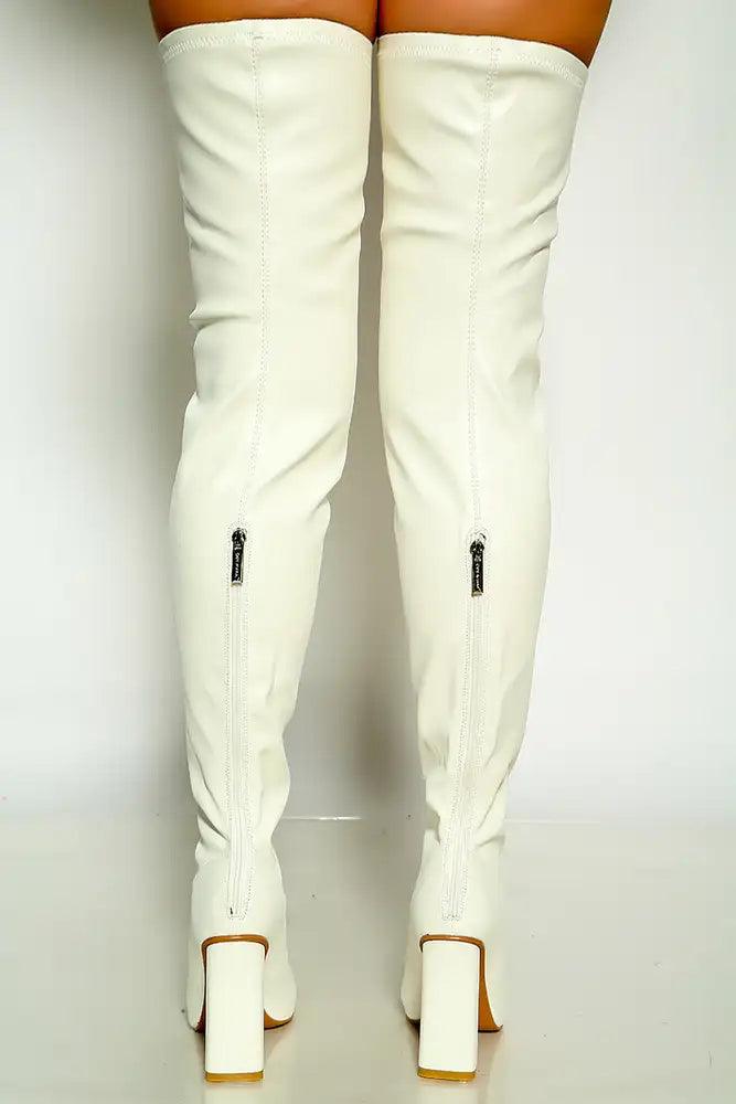 White Rhinestone Closed Toe Thigh High Heels Boots Faux Leather - AMIClubwear
