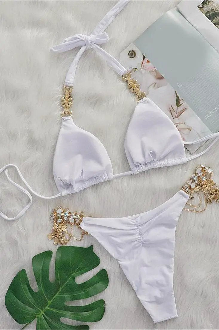 White Rhinestone Gems Halter Triangle 2 Pc Bikini Set