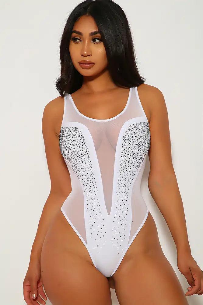 White Rhinestone One Piece Monokini - AMIClubwear