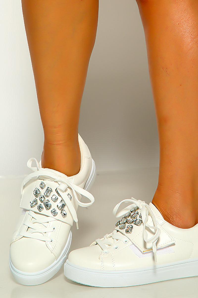White Rhinestones Accent Lace Up Sneakers - AMIClubwear