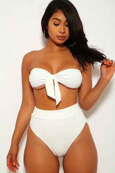 White Ribbed Bandeau High Waist Two Piece Swimsuit - AMIClubwear