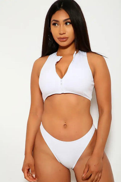 White Ribbed High Neck Cheeky Two Piece Swimsuit - AMIClubwear