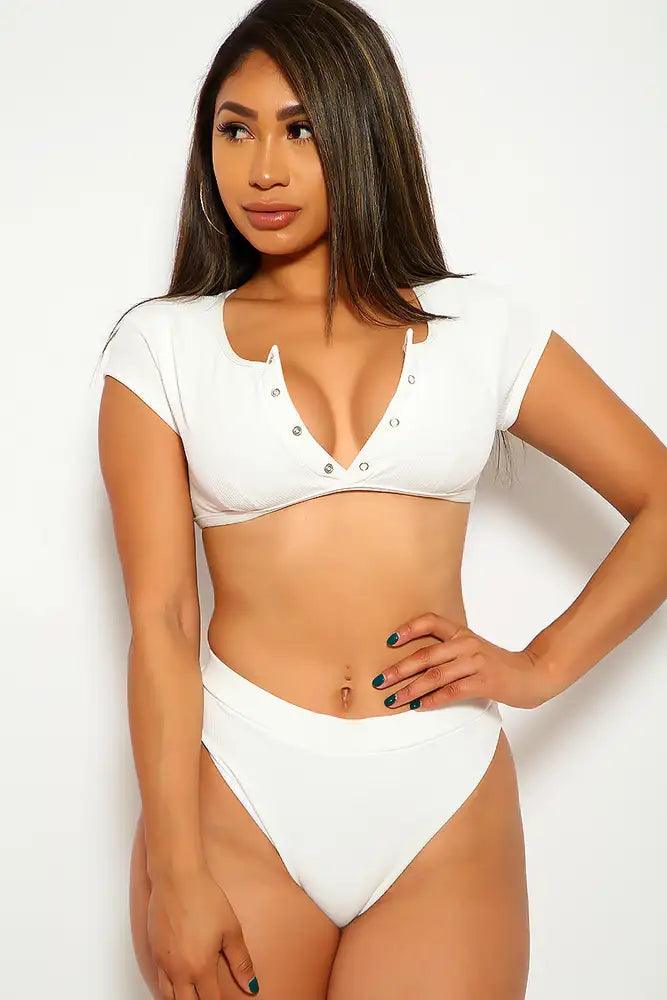 White Ribbed High Waist Cheeky Two Piece Swimsuit - AMIClubwear