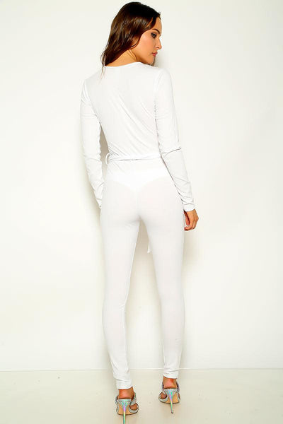 White Ribbed Long Sleeve V-Neck Jumpsuit - AMIClubwear