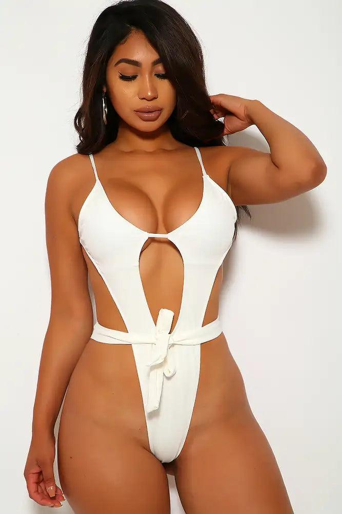 White Ribbed One Piece Monokini - AMIClubwear